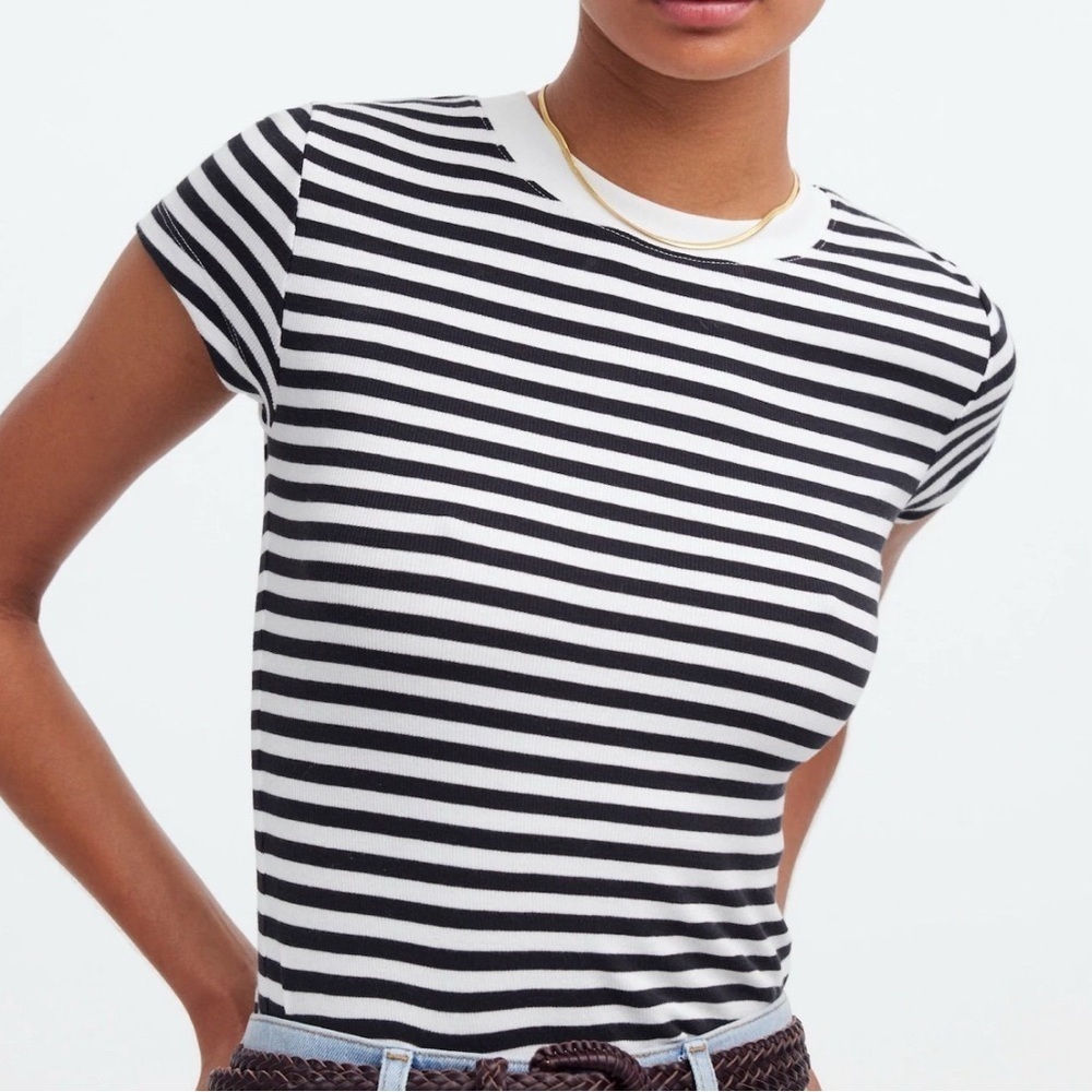 Madewell women’s soft ribbed stretch black & white stripe tee shirt top size XS